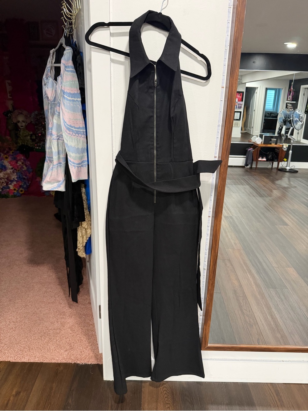 Sleeveless Black Halter Jumpsuit with Zip Front and Removable Waist Tie